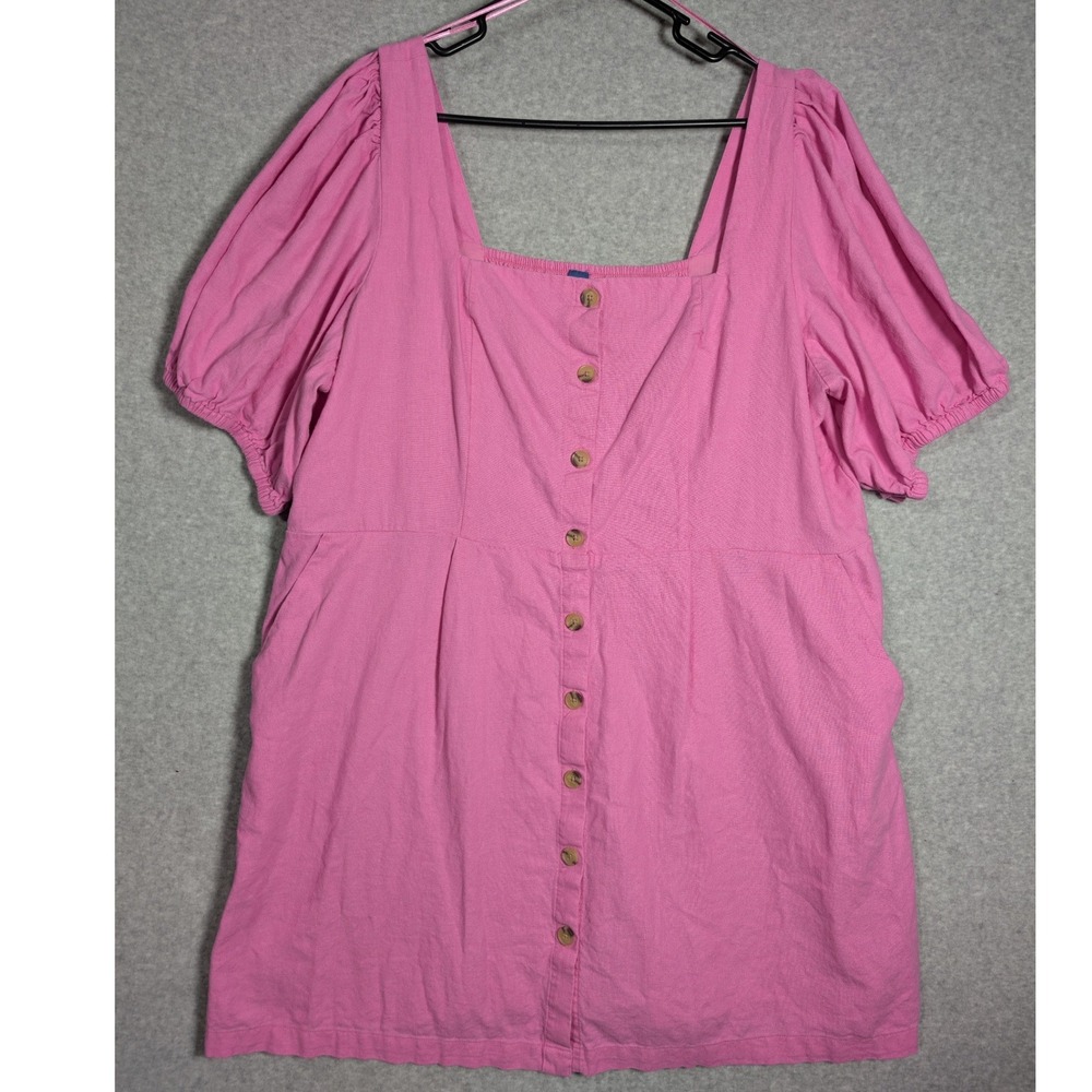 Old Navy Pink Mini Dress Linen Blend Button Front Puff Sleeve XXL Pockets Barbie